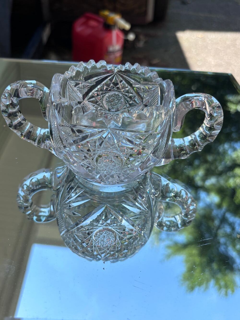 Vintage American Brilliant Period Cut Crystal Glass Sugar Pinwheel Saw Tooth Rim